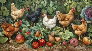 Chickens roam freely in a lush vegetable garden amidst ripe produce wallpaper