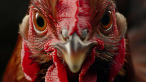 Close up on a chickens face showcasing its vivid red comb and curious eyes wallpaper