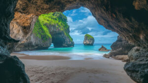Discover a secluded beach featuring a natural rock arch that beautifully frames the sea offering a stunning view for your wallpaper