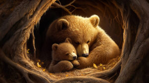 Furry bear cub cuddled up with its mother in a warm den bathed in soft glow.jpg