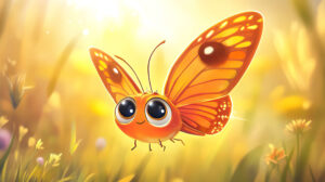 In the wallpaper a delightful animated butterfly with big eyes and a happy face elegantly flies against a vibrant sunny backdrop