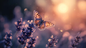 In the wallpaper a small butterfly with detailed patterns flutters around a lavender plant in bloom