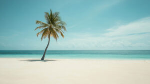 Minimalist beach vibe captured smooth white sand single palm tree crystal clear turquoise sea perfect wallpaper inspiration