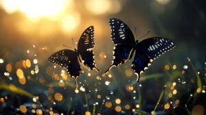 Pair of butterflies elegantly dance in the air bathed in morning light and encircled by glistening dew drops in this wallpaper titled Butterfly Ballet