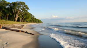 Peaceful wallpaper featuring a tranquil beach with driftwood strewn across the shore and calming waves creating a soothing ambiance