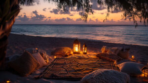 Scenic beach vibes captured in a wallpaper featuring a cozy boho setup with woven blankets pillows lanterns and a small bonfire at sunset
