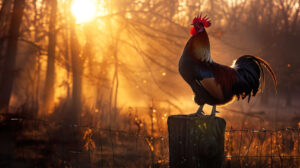 Sunrise scene with a rooster perched on a fence post sunlight peeking through the trees in the background in the wallpaper titled Morning Glow