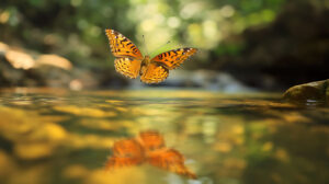 The wallpaper captures a butterfly floating above a sparkling stream with forest reflections in the water as seen in the file butterfly stream reflections.jpg