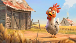 The wallpaper features a whimsical cartoon chicken with a playful vibe positioned in front of a quaint barn backdrop