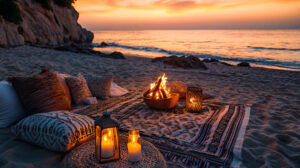 Wallpaper featuring a seaside scene adorned with boho style elements like woven blankets pillows lanterns and a cozy bonfire against a setting sun