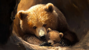 Wallpaper of a cozy den where a young bear cub snuggles with its mother bathed in soft filtering light