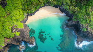 Wallpaper showing a hidden coastal inlet embraced by verdant cliffs and serene turquoise waters